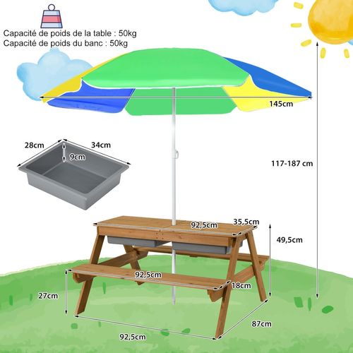 3 En 1 Table De Pique-nique Enfants Avec Parasol Amovible, Table De Jardin, Charge 50kg