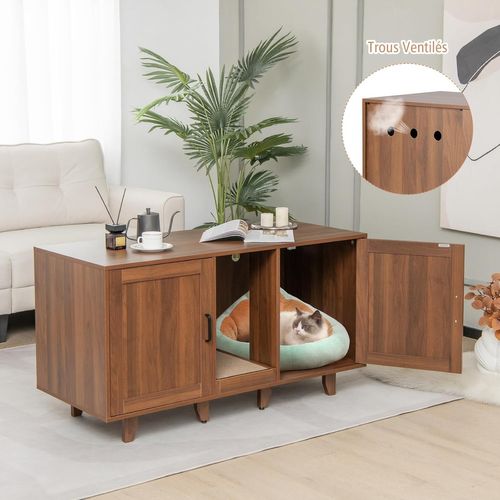 Meuble Litiere Chat En Bois, Planche à Griffer, 6 Pieds  Amovibles, 120 × 52 × 65 Cm, Brun