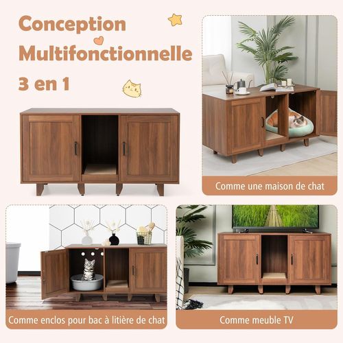 Meuble Litiere Chat En Bois, Planche à Griffer, 6 Pieds  Amovibles, 120 × 52 × 65 Cm, Brun
