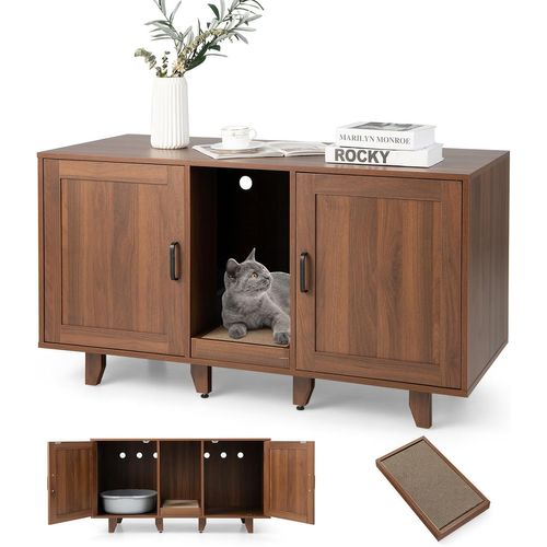 Meuble Litiere Chat En Bois, Planche à Griffer, 6 Pieds  Amovibles, 120 × 52 × 65 Cm, Brun