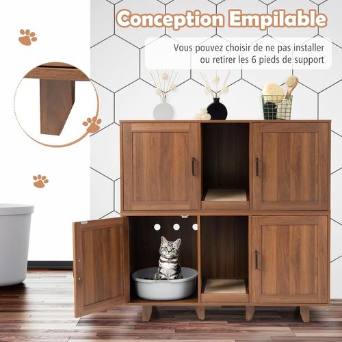 Meuble Litiere Chat En Bois, Planche à Griffer, 6 Pieds  Amovibles, 120 × 52 × 65 Cm, Brun