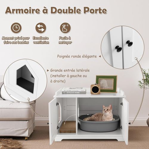 Maison De Toilettes Pour Chat à Double Porte En Bois, Séparateur Réglable, 75x51x53 Cm, Blanc