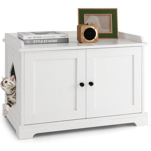Maison De Toilettes Pour Chat à Double Porte En Bois, Séparateur Réglable, 75x51x53 Cm, Blanc