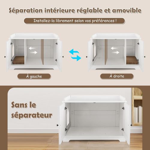 Maison De Toilettes Pour Chat à Double Porte En Bois, Séparateur Réglable, 75x51x53 Cm, Blanc
