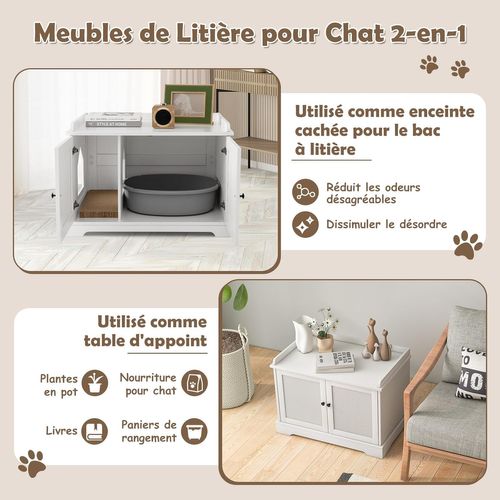 Maison De Toilettes Pour Chat à Double Porte En Bois, Séparateur Réglable, 75x51x53 Cm, Blanc