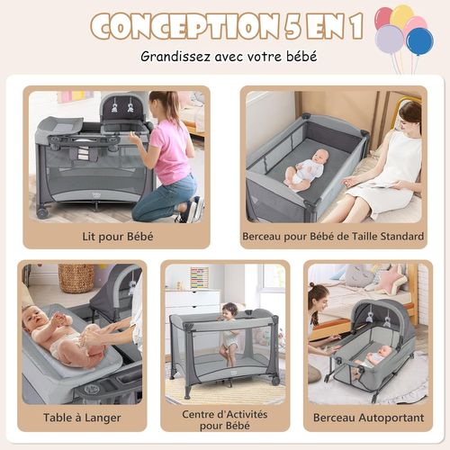 5 En 1 Lit Parapluie Bébé Avec Matelas et Table à Langer, Lit Bébé Evolutif Avec Berceau Amovible