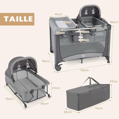 5 En 1 Lit Parapluie Bébé Avec Matelas et Table à Langer, Lit Bébé Evolutif Avec Berceau Amovible