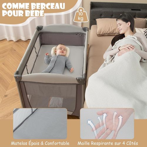 5 En 1 Lit Parapluie Bébé Avec Matelas et Table à Langer, Lit Bébé Evolutif Avec Berceau Amovible