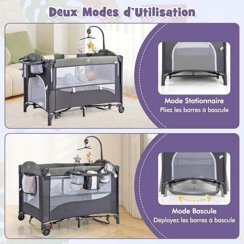 5 En 1 Lit Parapluie Bébé Avec Matelas et Table à Langer, Lit Bébé Évolutif Avec 5 Hauteur Réglables