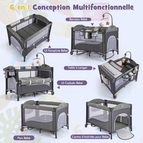 5 En 1 Lit Parapluie Bébé Avec Matelas et Table à Langer, Lit Bébé Évolutif Avec 5 Hauteur Réglables