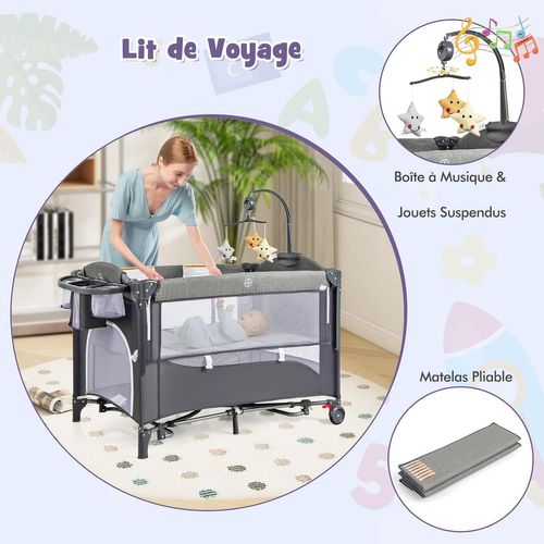 5 En 1 Lit Parapluie Bébé Avec Matelas et Table à Langer, Lit Bébé Évolutif Avec 5 Hauteur Réglables