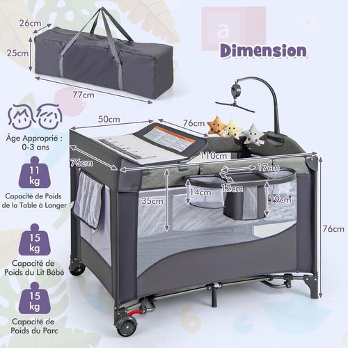 5 En 1 Lit Parapluie Bébé Avec Matelas et Table à Langer, Lit Bébé Évolutif Avec 5 Hauteur Réglables