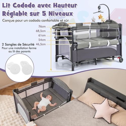 5 En 1 Lit Parapluie Bébé Avec Matelas et Table à Langer, Lit Bébé Évolutif Avec 5 Hauteur Réglables