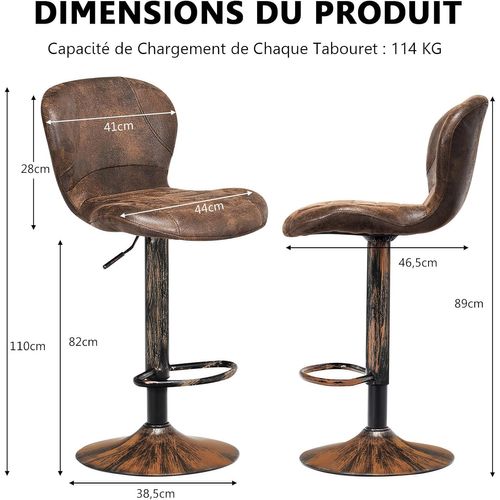 Tabourets De Bar Pivotants Lot De 2, Chaise De Bar Industrielle Avec Repose-pieds, Marron Rustique