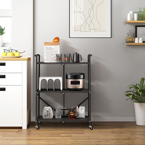 Étagère De Rangement Pliable Sur Roulettes, Étagère En Métal Robuste à 3 Niveaux Noir