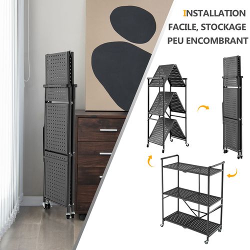Étagère De Rangement Pliable Sur Roulettes, Étagère En Métal Robuste à 3 Niveaux Noir