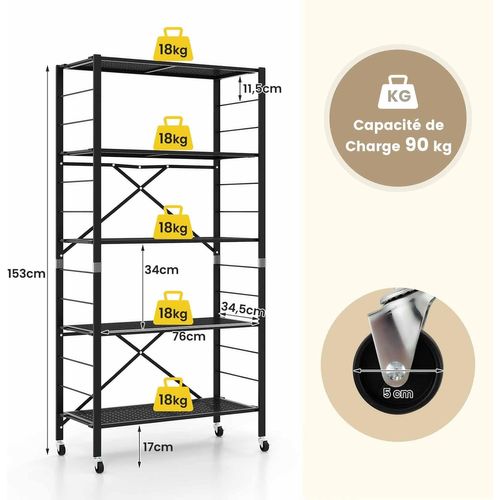 Étagère De Cuisine Pliable à 5 Niveaux, Étagère Garage Autoportante Avec Roues,noir