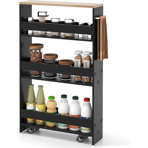 Chariot De Rangement 13 Cm à Roulettes, Desserte De Cuisine Etroit à 4 Niveaux(noir + Naturel)