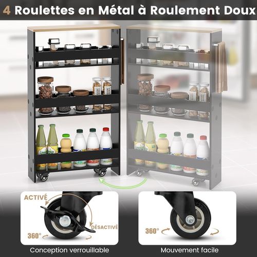 Chariot De Rangement 13 Cm à Roulettes, Desserte De Cuisine Etroit à 4 Niveaux(noir + Naturel)