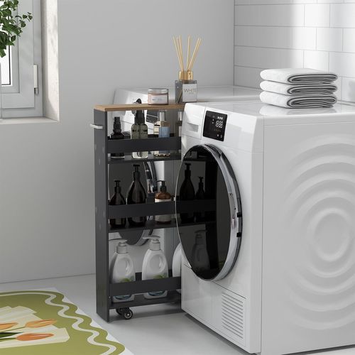 Chariot De Rangement à Roulettes, Desserte De Cuisine à 4 Niveaux, Gris + Naturel