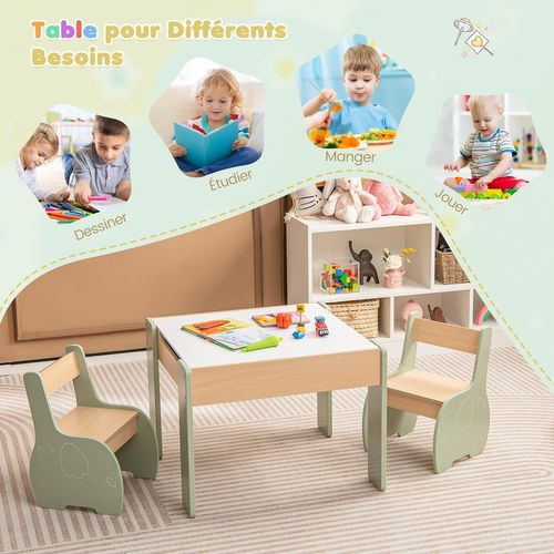 4 En 1 Table Enfants Avec 2 Chaises En Forme D'eléphant, Table Et Chaises En Bois ,tableau Amovible