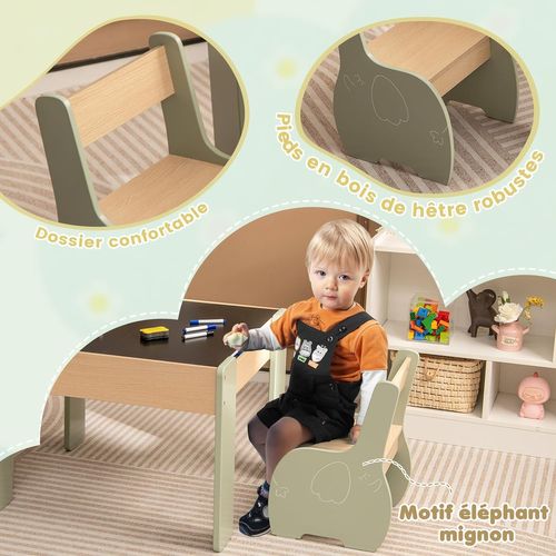 4 En 1 Table Enfants Avec 2 Chaises En Forme D'eléphant, Table Et Chaises En Bois ,tableau Amovible