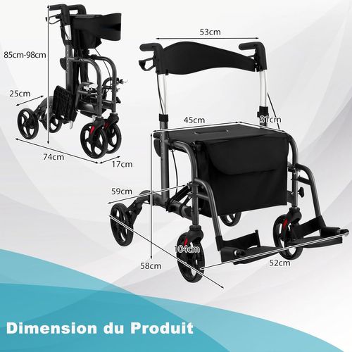 Déambulateur à 4 Roues Pliable En Aluminium,réglables En Hauteur 85-98 Cm  Repose-pieds Pliable