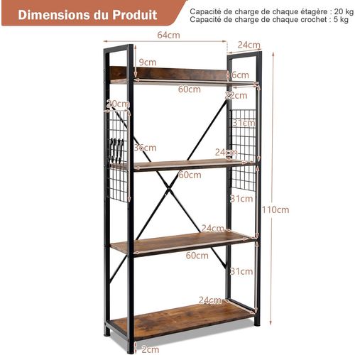 Étagère Industrielle à 4 Niveaux, Bibliothèque Multifonctionnelle Avec Crochets En Forme De S