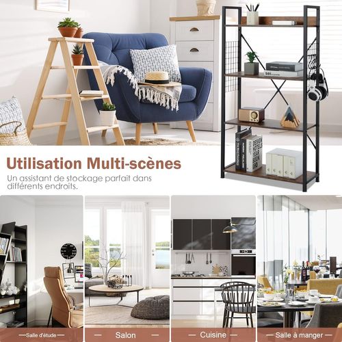 Étagère Industrielle à 4 Niveaux, Bibliothèque Multifonctionnelle Avec Crochets En Forme De S