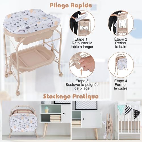 Table à Langer 2 En 1 Avec Baignoire 20l Plateau De Rangement, Commode à Langer Pliable Couches