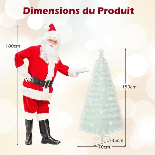 Sapin De Noël Artificiel à Fibre Optique Pré-éclairé 150 Cm, Blanc Avec Feuilles Irisées
