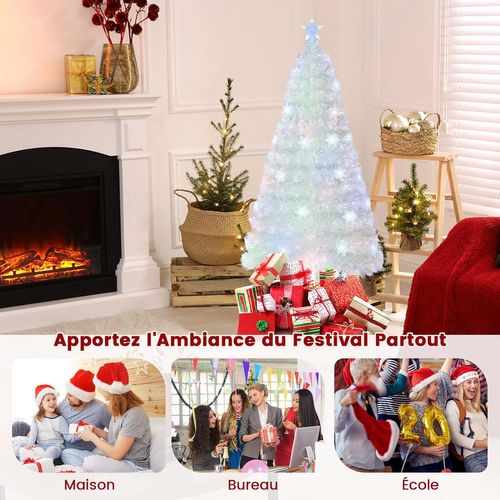 Sapin De Noël Artificiel à Fibre Optique Pré-éclairé 150 Cm, Blanc Avec Feuilles Irisées