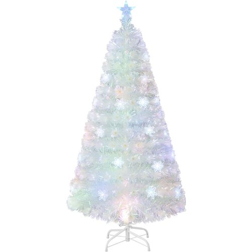 Sapin De Noël Artificiel à Fibre Optique Pré-éclairé 150 Cm, Blanc Avec Feuilles Irisées