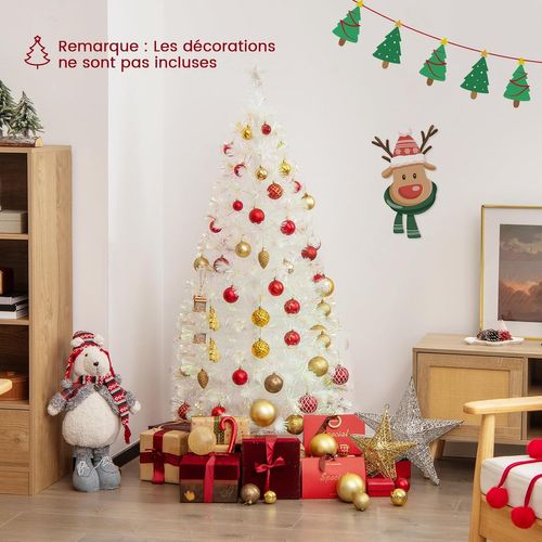 Sapin De Noël Artificiel à Fibre Optique Pré-éclairé 150 Cm, Blanc Avec Feuilles Irisées