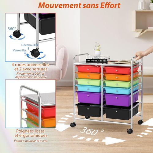Chariot De Rangement à Roulette 12 Tiroirs En Pp, Tour De Rangement Avec Tablette, Cadre En Métal