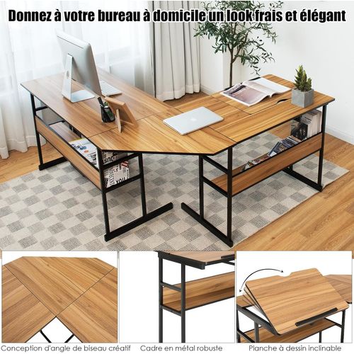 Bureau D'ordinateur D'angle 170 X 150 Cm,Table De Bureau Avec Plateau Inclinable,Noyer