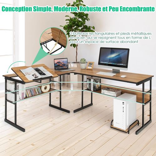 Bureau D'ordinateur D'angle 170 X 150 Cm,Table De Bureau Avec Plateau Inclinable,Noyer