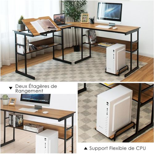 Bureau D'ordinateur D'angle 170 X 150 Cm,Table De Bureau Avec Plateau Inclinable,Noyer