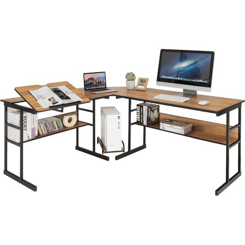 Bureau D'ordinateur D'angle 170 X 150 Cm,Table De Bureau Avec Plateau Inclinable,Noyer