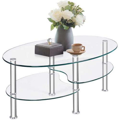 Table Basse En Verre Transparente Avec 3 Etagères En Verre Trempé, Chambre, 90x50x45cm