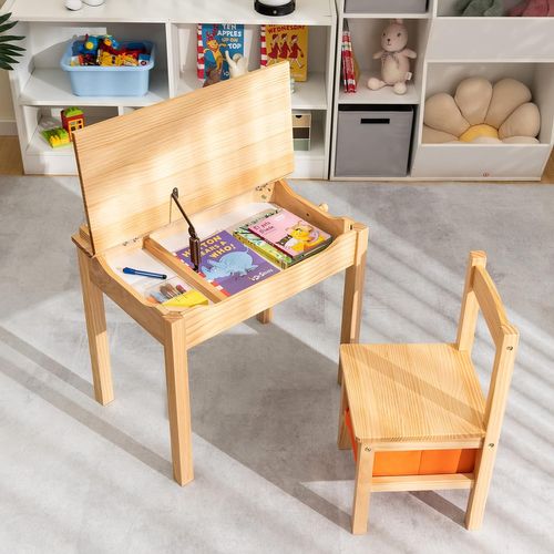 Bureau Enfants En Bois Avec Plateau Rabattable, Table Et Chaises Enfants Avec Espace De Rangement