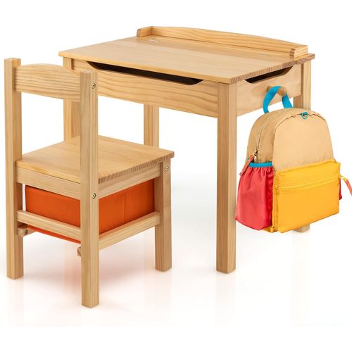 Bureau Enfants En Bois Avec Plateau Rabattable, Table Et Chaises Enfants Avec Espace De Rangement