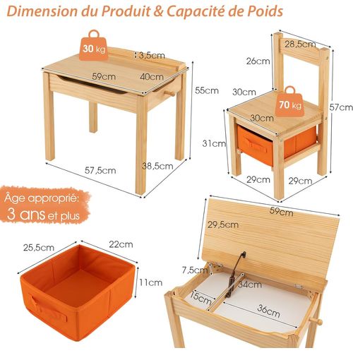 Bureau Enfants En Bois Avec Plateau Rabattable, Table Et Chaises Enfants Avec Espace De Rangement