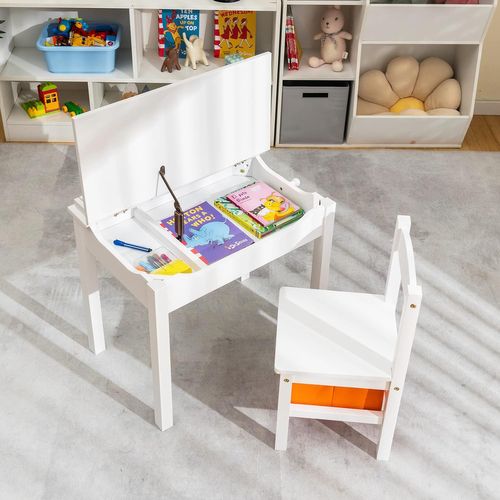 Bureau Enfants En Bois Avec Plateau Rabattable, Table Et Chaises Enfants, 59 X 40 X 55 Cm (blanc)