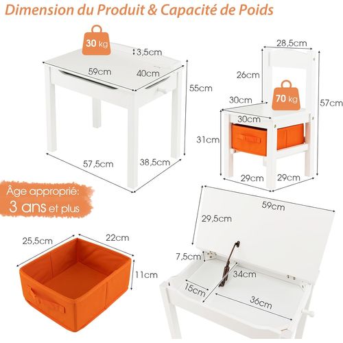 Bureau Enfants En Bois Avec Plateau Rabattable, Table Et Chaises Enfants, 59 X 40 X 55 Cm (blanc)
