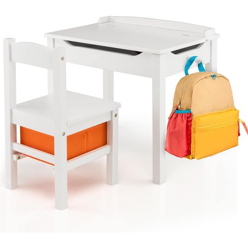 Bureau Enfants En Bois Avec Plateau Rabattable, Table Et Chaises Enfants, 59 X 40 X 55 Cm (blanc)