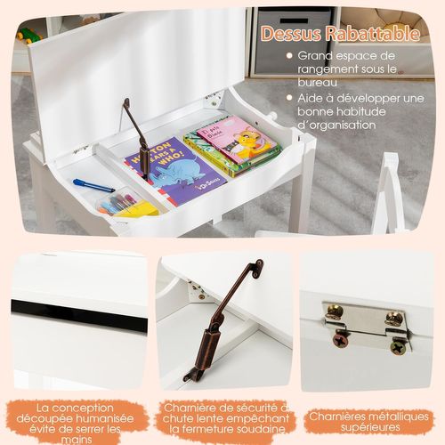 Bureau Enfants En Bois Avec Plateau Rabattable, Table Et Chaises Enfants, 59 X 40 X 55 Cm (blanc)