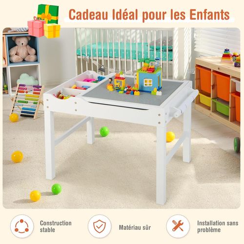 2 En 1 Table De Blocs De Construction Enfants Avec Plateau Réversible,Table Multi-activités,Blanc