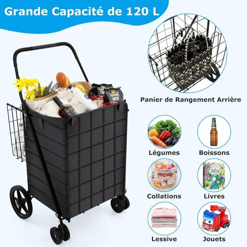 Chariot De Courses Pliable à 4 Roues, Caddie De Courses à  Panier, Chariot Avec Structure Métallique