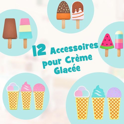 Chariot à Crème Glacée En Bois Enfants Avec Auvent Unique, Jouet Chariot à Glaces, 65x31x87cm